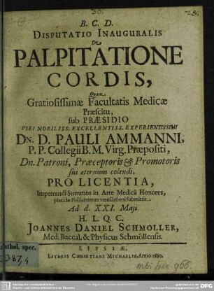 Disputatio inauguralis de palpitatione cordis