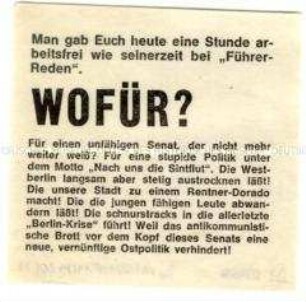 Handzettel gegen die Ost-Politik des Berliner Senats