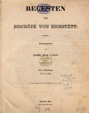 Regesten der Bischöfe von Eichstätt, 1. Von 741 - 1229