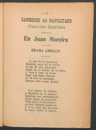 Canciones del Napolitano Francisco Cocoliche - En Juan Moreira : Drama criollo