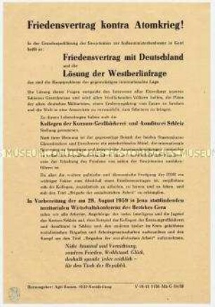 Aufruf der SED-Kreisleitung Schleiz ? zur Bildung von Brigaden der sozialistischen Arbeit, anlässlich der Genfer Außenministerkonferenz
