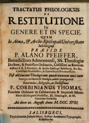 Tractatus Theologicus De Restitutione In Genere Et In Specie