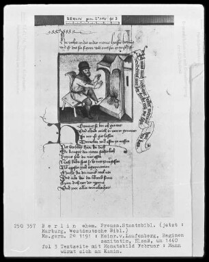 Heinrich von Laufenberg, Regimen sanitatis, deutsch — Monatsbild Februar, Mann wärmt sich am Kamin, Folio 3recto