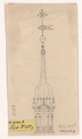 Großenhain, Marienkirche, Turm. Entwurf, Laterne : Großenhain, Marienkirche, Turm, Entwurf zur Laterne, unbekannter Zeichner, 2. Hälfte 18. Jh. Feder, Graphit/Papier. 19,7 x 10,4 cm.