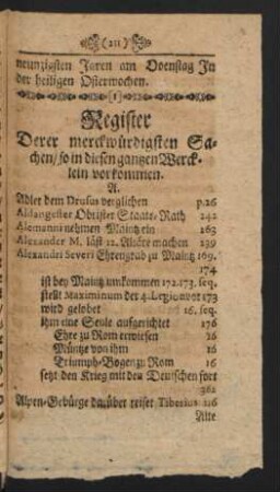 Register Derer merckwürdigsten Sachen / so in diesen gantzen Wercklein vorkommen.