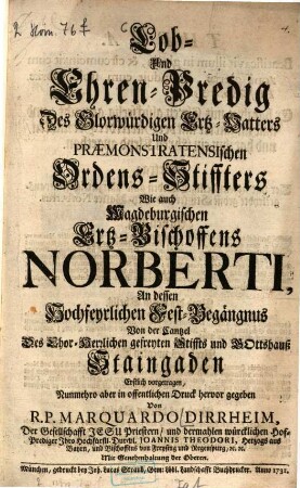 Lob- und Ehren-Predig des ... Magdeburgischen Erz-Bischoffens Norberti