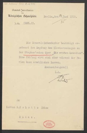 Brief an B. Schott's Söhne : 24.06.1915