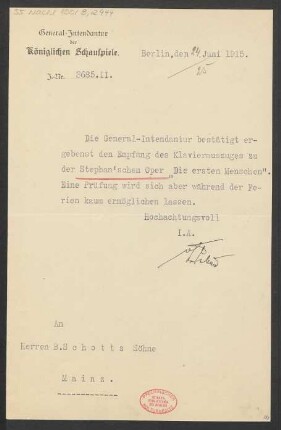 Brief an B. Schott's Söhne : 24.06.1915