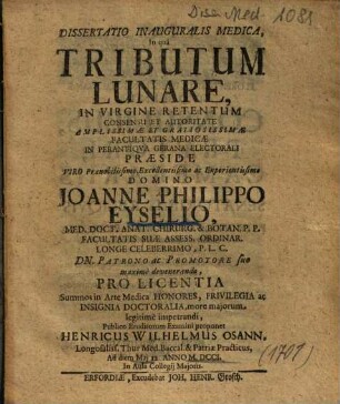 Dissertatio Inauguralis Medica, In qua Tributum Lunare