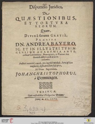 Disputatio Iuridica, De Quaestionibus, Et Tortura Reorum