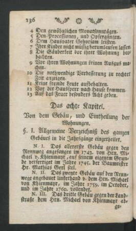 Das achte Kapitel. Von dem Gebäu, und Eintheilung der Wohnungen