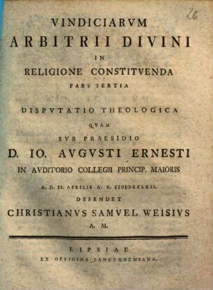 Vindiciae Arbitrii Divini In Religione Constitvenda, 3