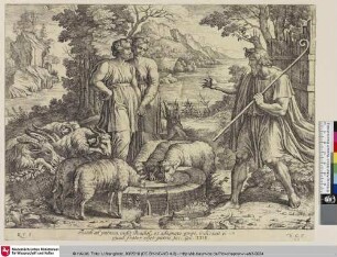 [Jacob traf Rachel in der Nähe des Brunnens, wo sie ihre Herden wässerte.; Jacob rencontrant Rachel près de la fontaine où elle faisait abreuver ses troupeaux.]