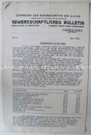Bulletin des Zentralrats der sowjetischen Gewerkschaften für das Ausland u.a. zur Frauenarbeit in der UdSSR