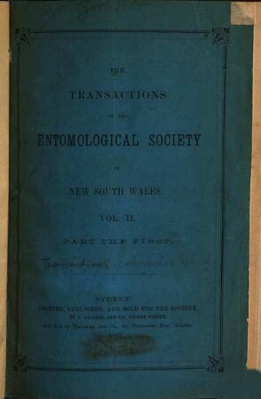 The transactions of the Entomological Society of New South Wales. 2, 2. 1869/72