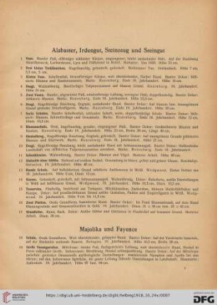 Alabaster, Irdengut, Steinzeug, Steingut, Majolika, Fayence (Nr. 1-47)