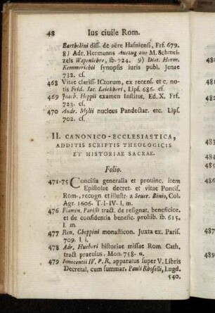 II. Canonico-Ecclesiastica, Additis scriptis theologicis et historiae sacrae.