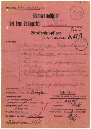 Angeklagte: Sernatinger, Karl (Gastwirt), Unteruhldingen *25.04.1890 in Ludwigsburg; + ? Sernatinger, Franziska, Unteruhldingen *30.08.1889 in Unteruhldingen; + ? Sernatinger, Josefine, Unterruhldingen *25.02.1903 in Unteruhldingen; + ? Winterhalter, Ida, Unteruhldingen *14.12.1896 in Unterruhldingen; + ? Wagner, Karolina, Oberruhldingen *30.10.1909 in Maurach; + ? Delikt: Verbrechen gegen die Kriegswirtschaftsverordnung (Bezug von Fleischwaren ohne Bezugsschein) Tatorte: Unterruhldingen, Oberruhldingen Tatzeit: September 1939-Juni 1941