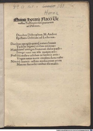 Quinti Horatij Flacci Uenusini Institutiones poetarum ad Pisones