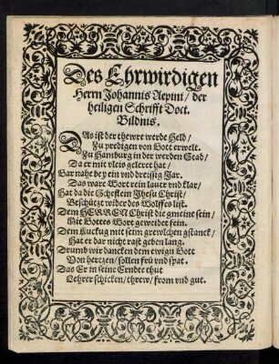 Des Ehrwirdigen Herrn Johannis Aepini ... Bildnis.