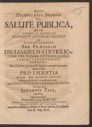 Dissertatio Solemnis De Salute Publica
