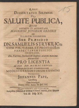 Dissertatio Solemnis De Salute Publica