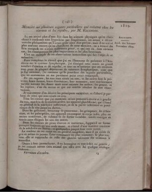 Mémoire sur plusieurs organes particuliers qui existent chez les oiseaux et les reptiles;