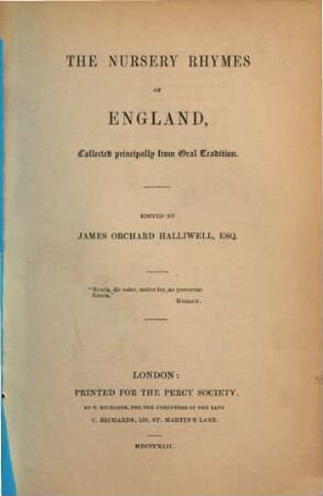 The nursery rhymes of England : collected principally from oral tradition