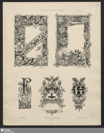 Umrahmungen mit Naturblumen, Initialen, Signet