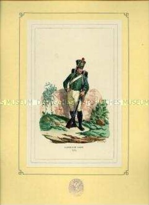 Uniformdarstellung, Zögling der Militärschule der Kaiserlichen Garde, Frankreich, 1812. Tafel 30 aus: Bellangé: Die Soldaten der französischen Republik und des Kaiserreichs.