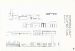 Laienforschungszentrum, Berlin-Gesundbrunnen (Diplomarbeit bei Bernhard Hermkes): Ansichten von Südwesten, Nordosten, Südosten und Nordwesten 1:200