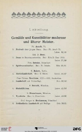 I. Abteilung. Gemälde und Kunstblätter moderner und älterer Meister (Nr. 1-174)