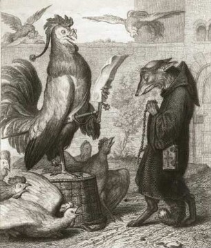 Kaulbach, Wilhelm von. Illustration zu Reineke Fuchs von Johann Wolfgang v. Goethe. Reineke naht sich heuchlerisch als Klausner der Hühnerfamilie