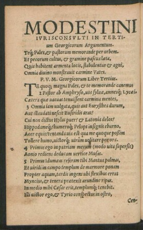 Modestini Iurisconsulti In Tertium Georgicorum Argumentum.