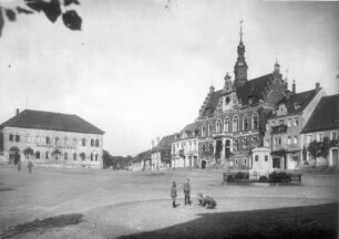 Dahlen. Markt mit Gasthof zur grünen Tanne, Rathaus und Siegesdenkmal von 1870/1871