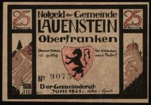 25 Pfennig Notgeld der Gemeinde Lauenstein Oberfranken