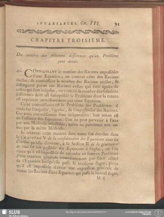 Chapitre Troisième. Du nombre des solutions différentes qu'un Problême peut avoir