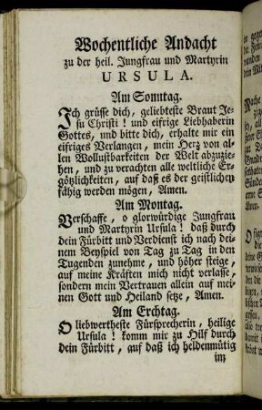 Wochentliche Andacht zu der heil. Jungfrau und Martyrin Ursula.