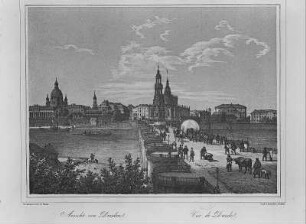 Dresden, Stadtansicht von Neustadt über die Augustusbrücke nach Altstadt, Lithographie 1850 : Ansicht von Dresden, Vue de Dresde. - N. d. Nat. gez. u. lith. v. W. Bässler. - Dresden : Braunsdorf. - Lithographie um 1850