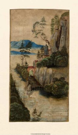 Landschaft mit hohem Felsen an einem Flusse