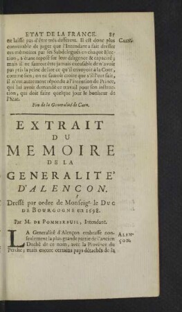 Extrait du Memoire de la Generalitè d'Alençon.