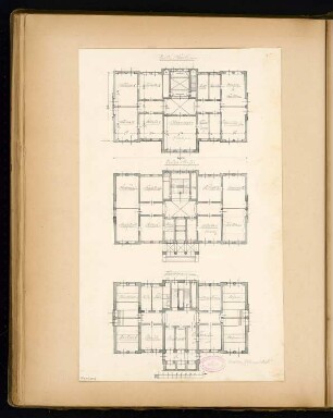 Rathaus, Calau Monatskonkurrenz März 1879: Grundriss Keller, Erdgeschoss, Obergeschoss; Maßstabsleiste