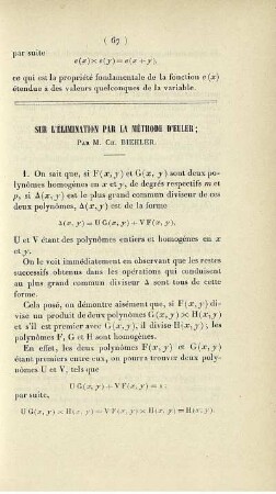 Sur l'élimination par la méthode d'Euler.