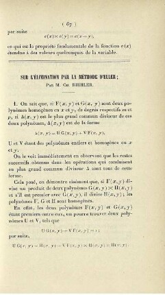 Sur l'élimination par la méthode d'Euler.