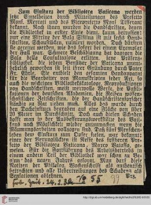 „Zum Einsturz der Bibliotheca Vaticana...“, Ztgsausschn. aus: Freiburger Zeitung Nr. 55, 24.2.1932 (2 Ex.) (Rom: Bibl. Vaticana, Dacheinsturz)