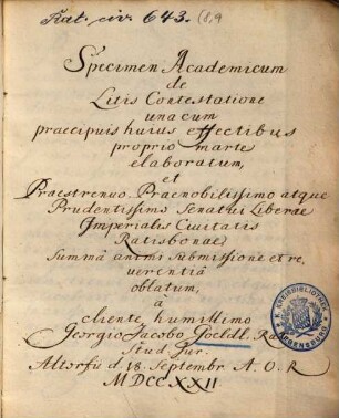 Specimen academicum de litis contestatione : una cum praecipuis huius effectibus