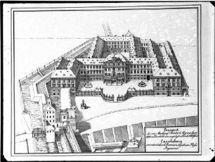 Durlach Schloß Karlsburg Lithographie nach dem Orginalplan des Domenico Egidio Rossi für den Neubau von 1689-1698