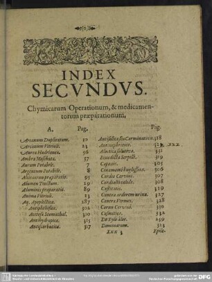 Index Secundus. Chymicarum Operationum, & medicamentorum praeparationum