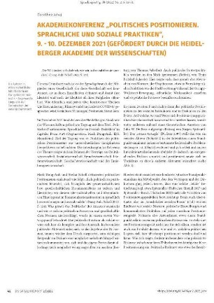 Akademiekonferenz „Politisches Positionieren. Sprachliche und soziale Praktiken“, 9. - 10. Dezember 2021 (Gefördert durch die Heidelberger Akademie der Wissenschaften)