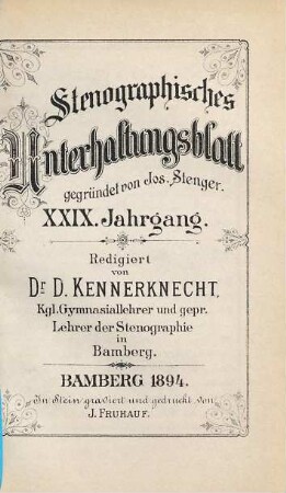 Stenographisches Unterhaltungsblatt : Bamberger Blätter in Einheitskurzschrift. 29. 1894